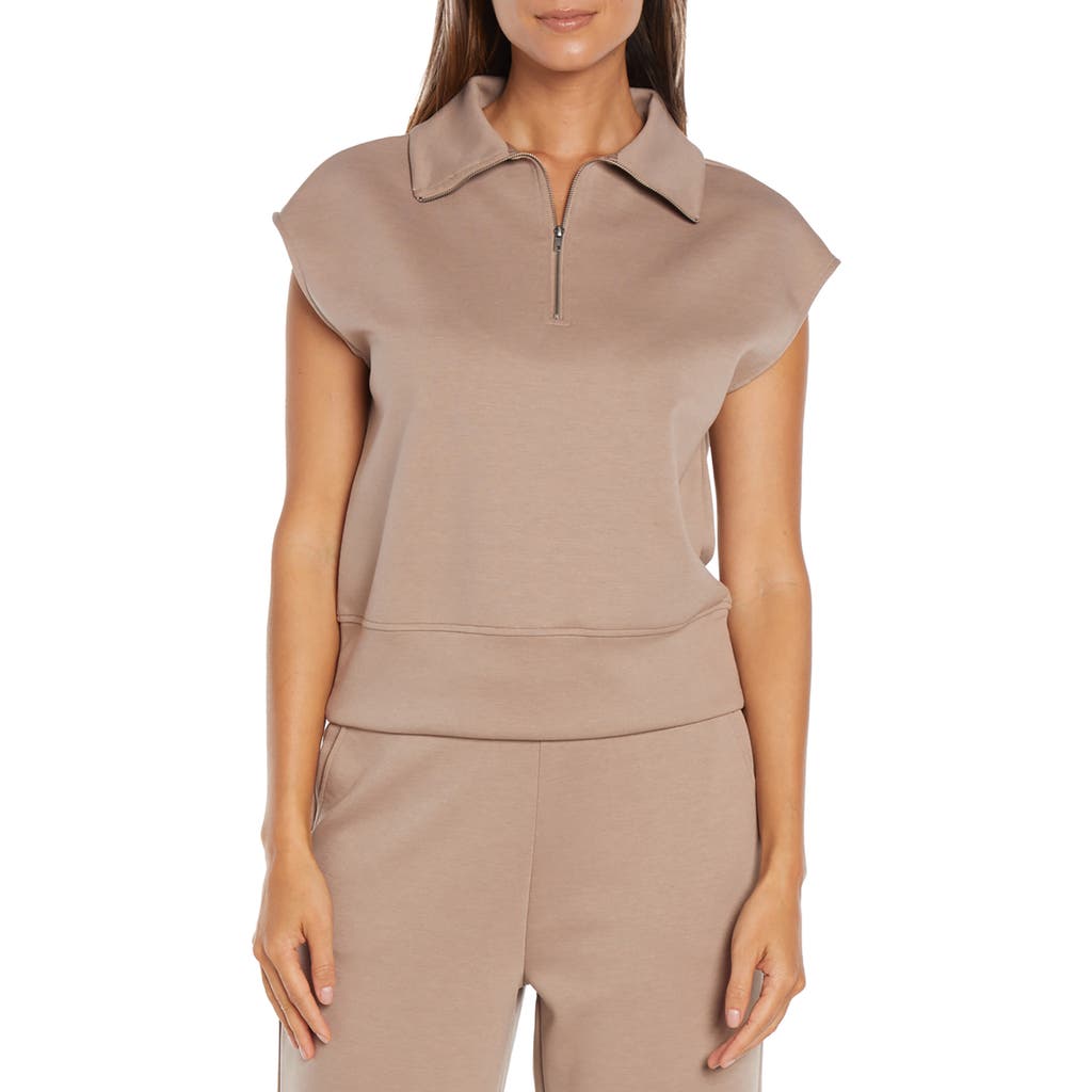 Three Dots Aria Cap Sleeve Quarter Zip Top In Taupe Gray