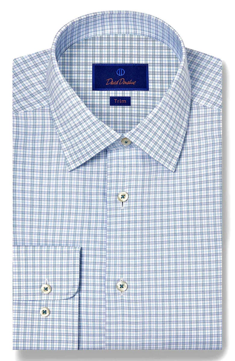 David Donahue Trim Fit Twill Check Dress Shirt, Main, color, Sky/ Petrol