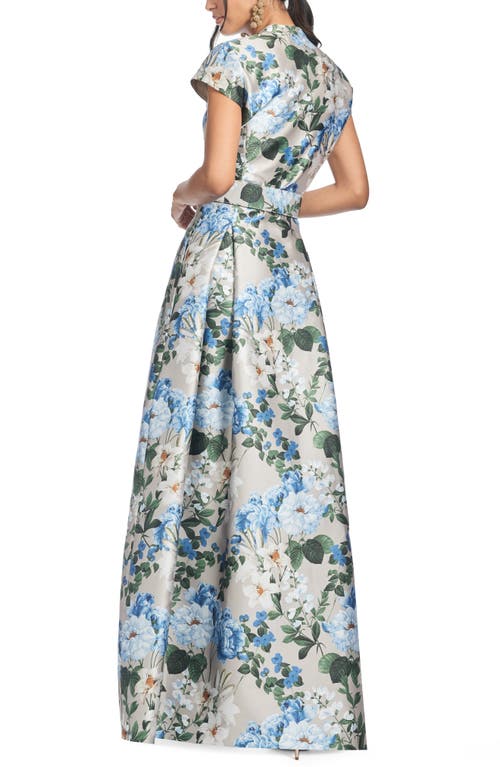 Sachin & Babi Marta Floral Print Belted Mikado Gown In Dune And Dusk Petals