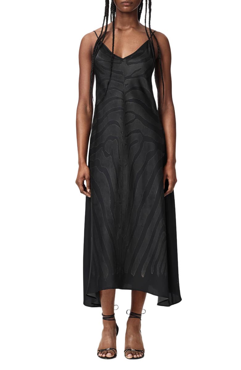 AllSaints Leona Handkerchief Hem Maxi Slipdress, Main, color, Zebra Black