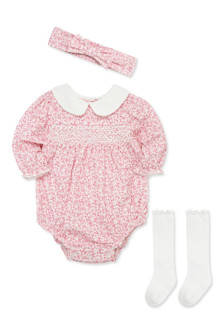 Floral Smocked Bubble Romper, Headband & Socks 3-Piece Set, Alternate, color, PINK FLORAL