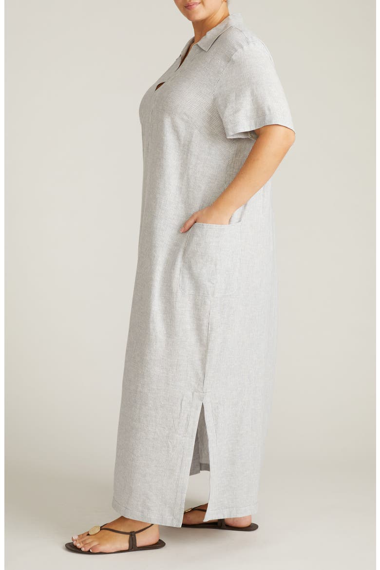 Leaf-Print Linen-Blend Maxi Dress, Alternate, color, BEACH STRIPE