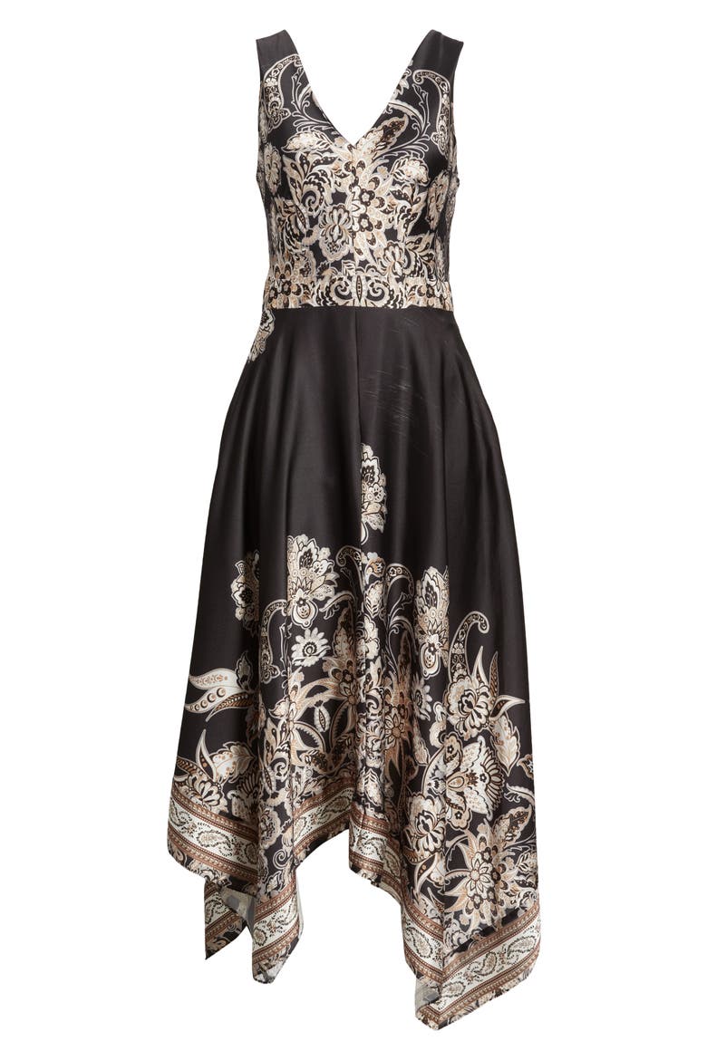 Placed Scarf Print Handkerchief Hem Cotton Blend Dress, Alternate, color, BLACK MULTI