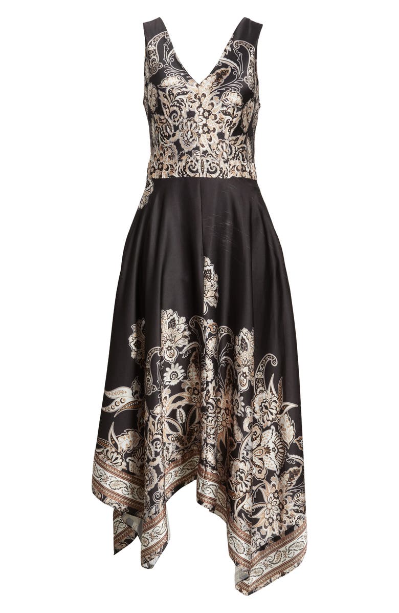 Vince Camuto Placed Scarf Print Handkerchief Hem Cotton Blend Dress, Alternate, color, Black Multi