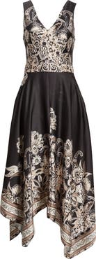 Vince Camuto Placed Scarf Print Handkerchief Hem Cotton Blend Dress