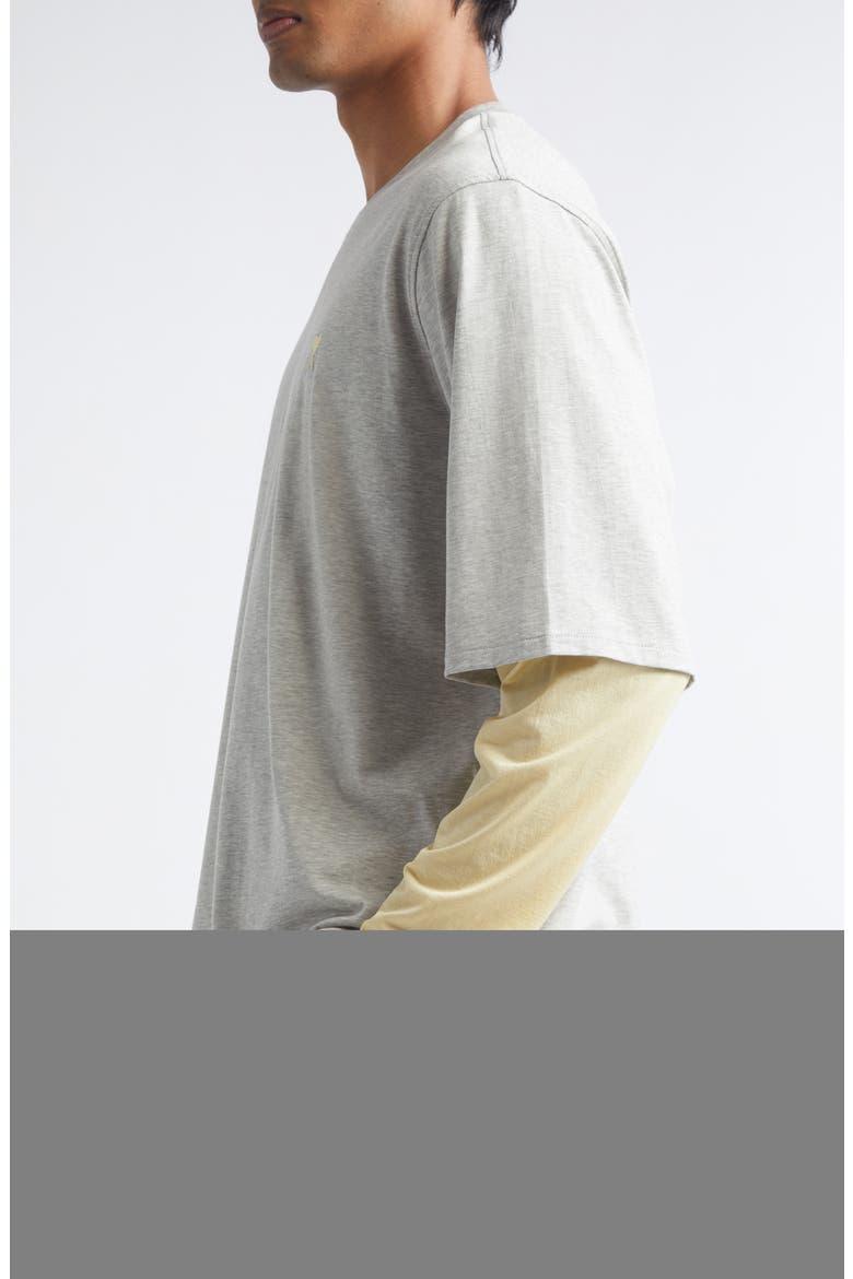 Ami de Coeur Embroidered Layered Long Sleeve Cotton T-Shirt, Alternate, color, GRIS CHINE CLAIR/ JAUNE