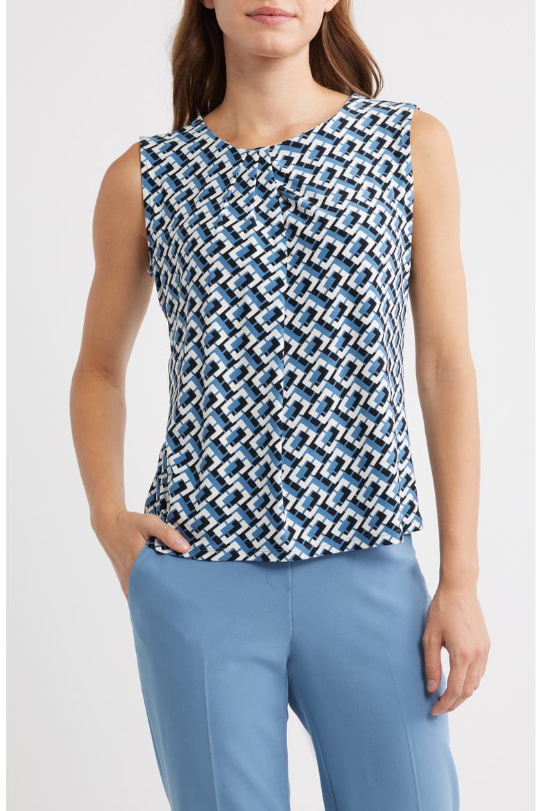 Geometric Print Pleated Neck Shell, Main, color, DUTCH BLUE MULTI