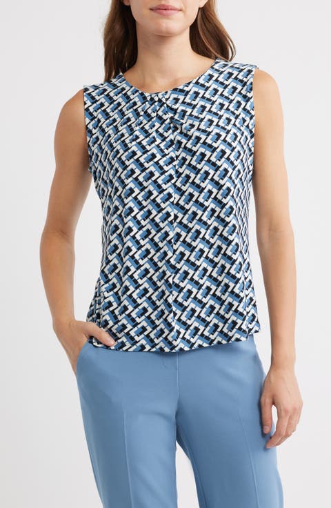 Geometric Print Pleated Neck Shell
