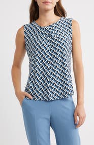 Anne Klein Geometric Print Pleated Neck Shell