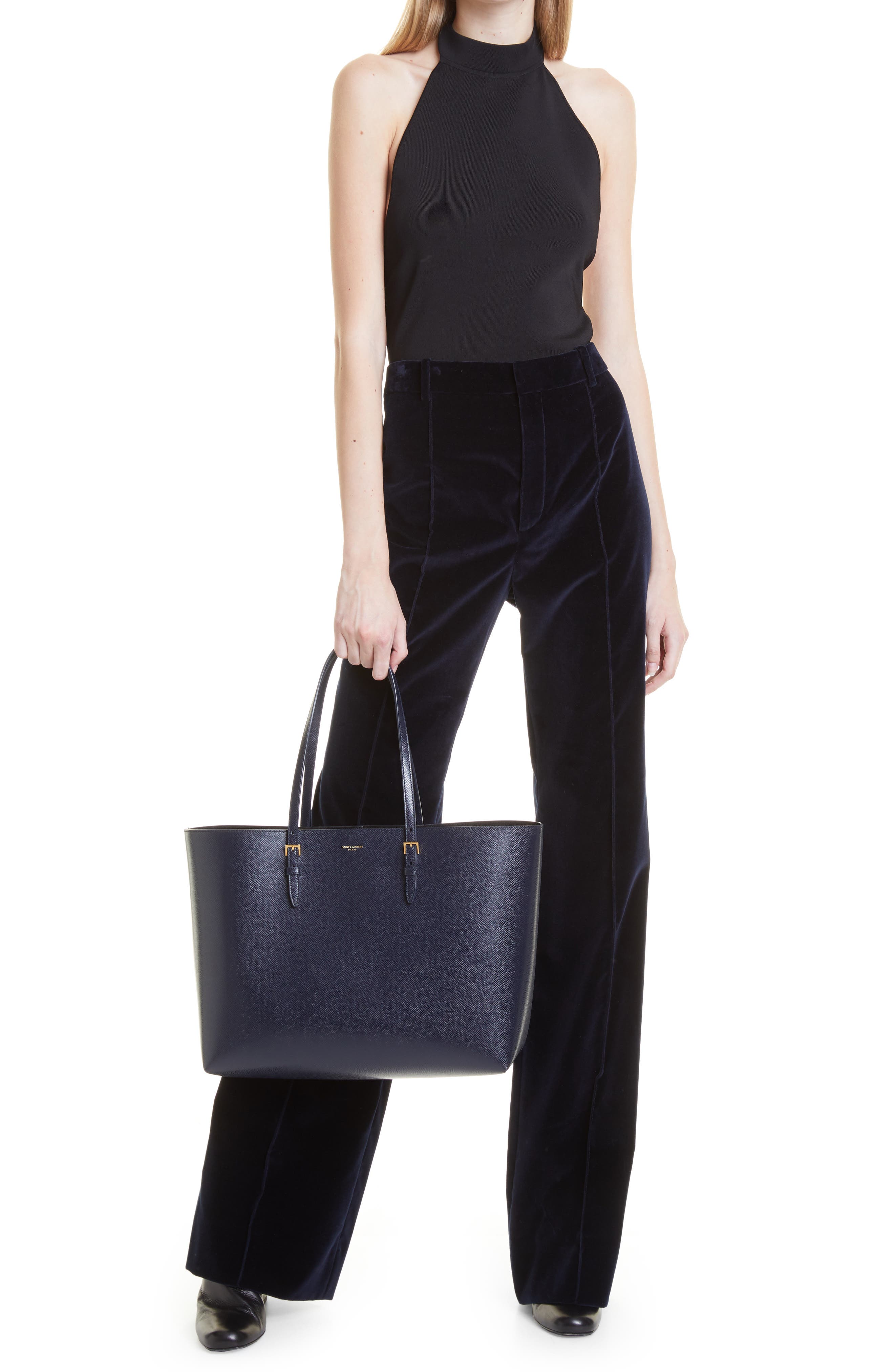 Medium East/West Leather Shopping Tote, Alternate, color, DEEP MARINE/ NERO