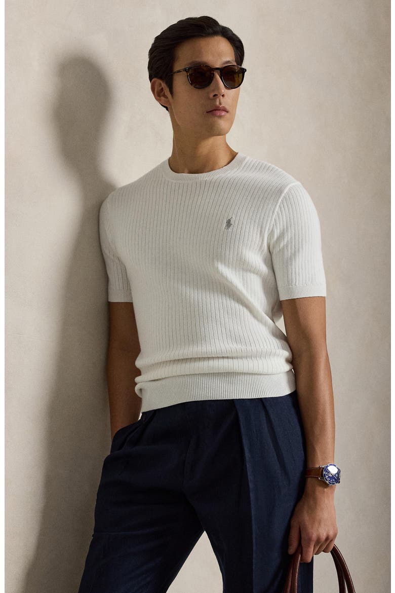 Ribbed Cotton Short Sleeve Sweater, Alternate, color, DECKWASH WHITE