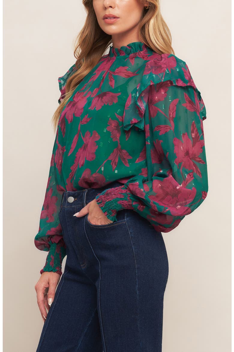 Floral Ruffle Billow Sleeve Top, Alternate, color, GREEN