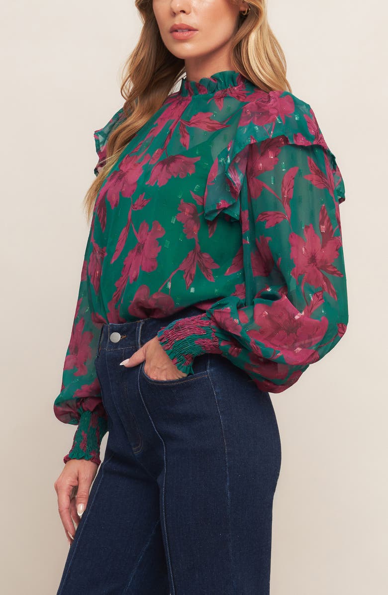 FLYING TOMATO Floral Ruffle Billow Sleeve Top, Alternate, color, Green
