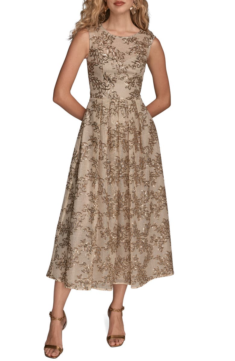 Donna Karan New York Floral Sequin Sleeveless Gown, Main, color, Sand