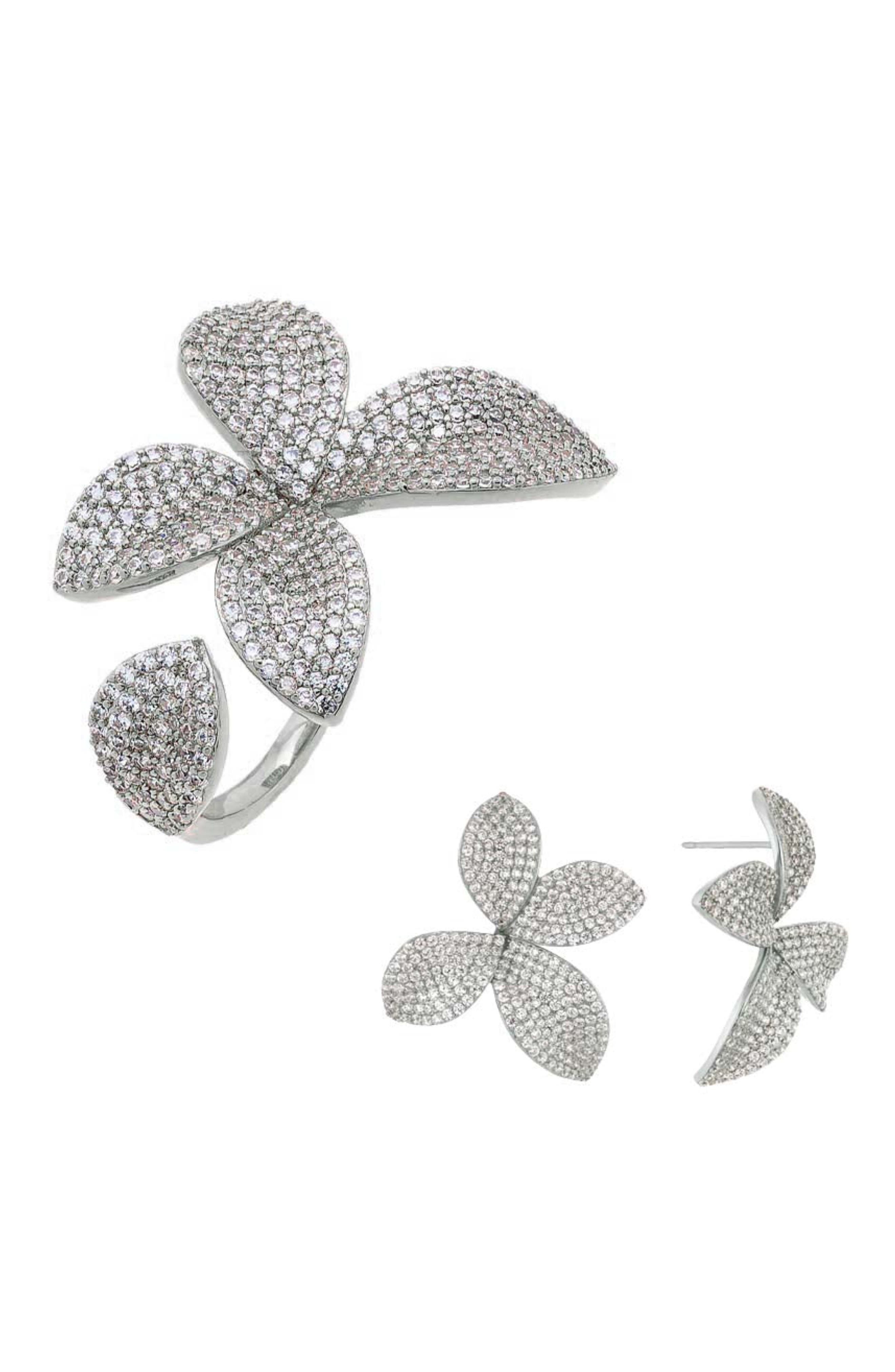 BY ADINA EDEN Pavé Cubic Zirconia Flower Earrings & Ring Set