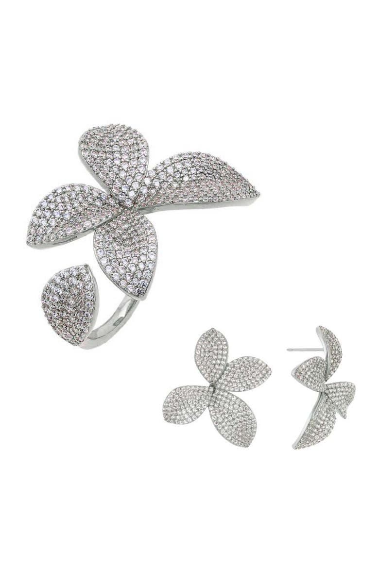 Pavé Cubic Zirconia Flower Earrings & Ring Set, Main, color, SILVER