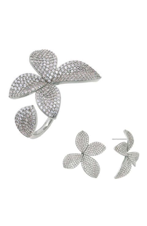 Pavé Cubic Zirconia Flower Earrings & Ring Set