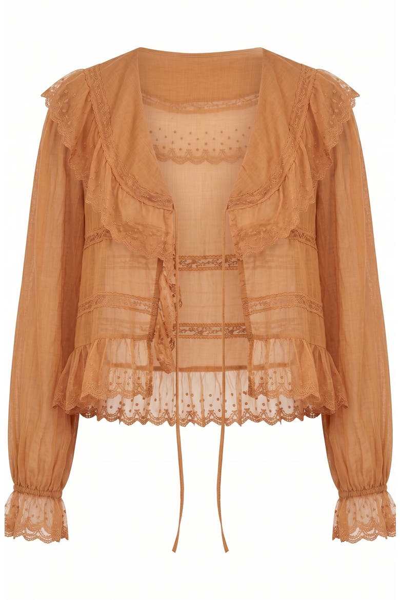 Ruffled Lace Trim Lightweight Tie Front Blouse, Alternate, color, Orange