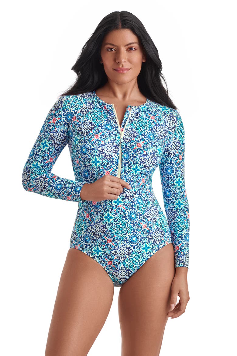 Paddle Board Chlorine Resistant One-Piece Swimsuit, Main, color, Grecian Tile