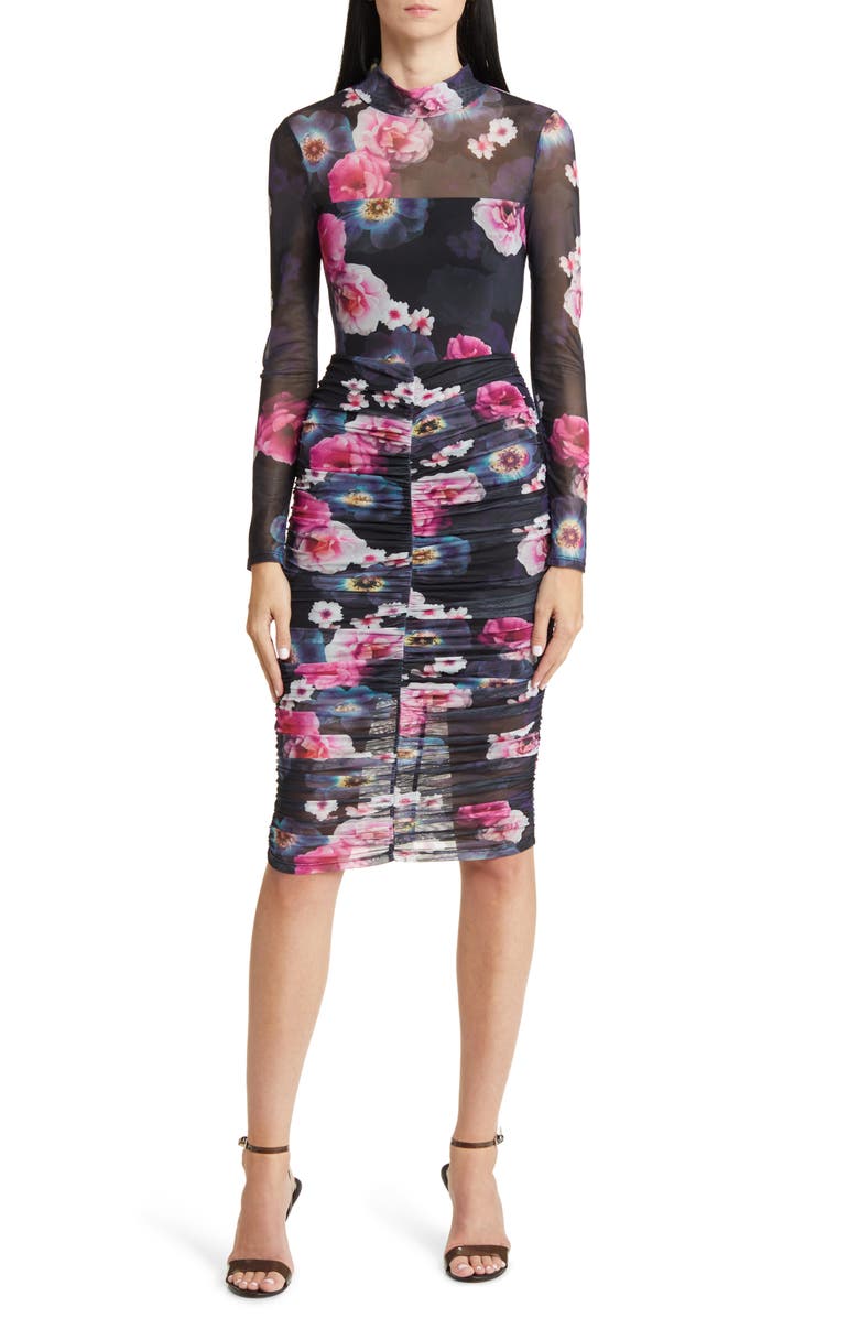 bebe Floral Ruched Mesh Long Sleeve Midi Dress, Main, color, 