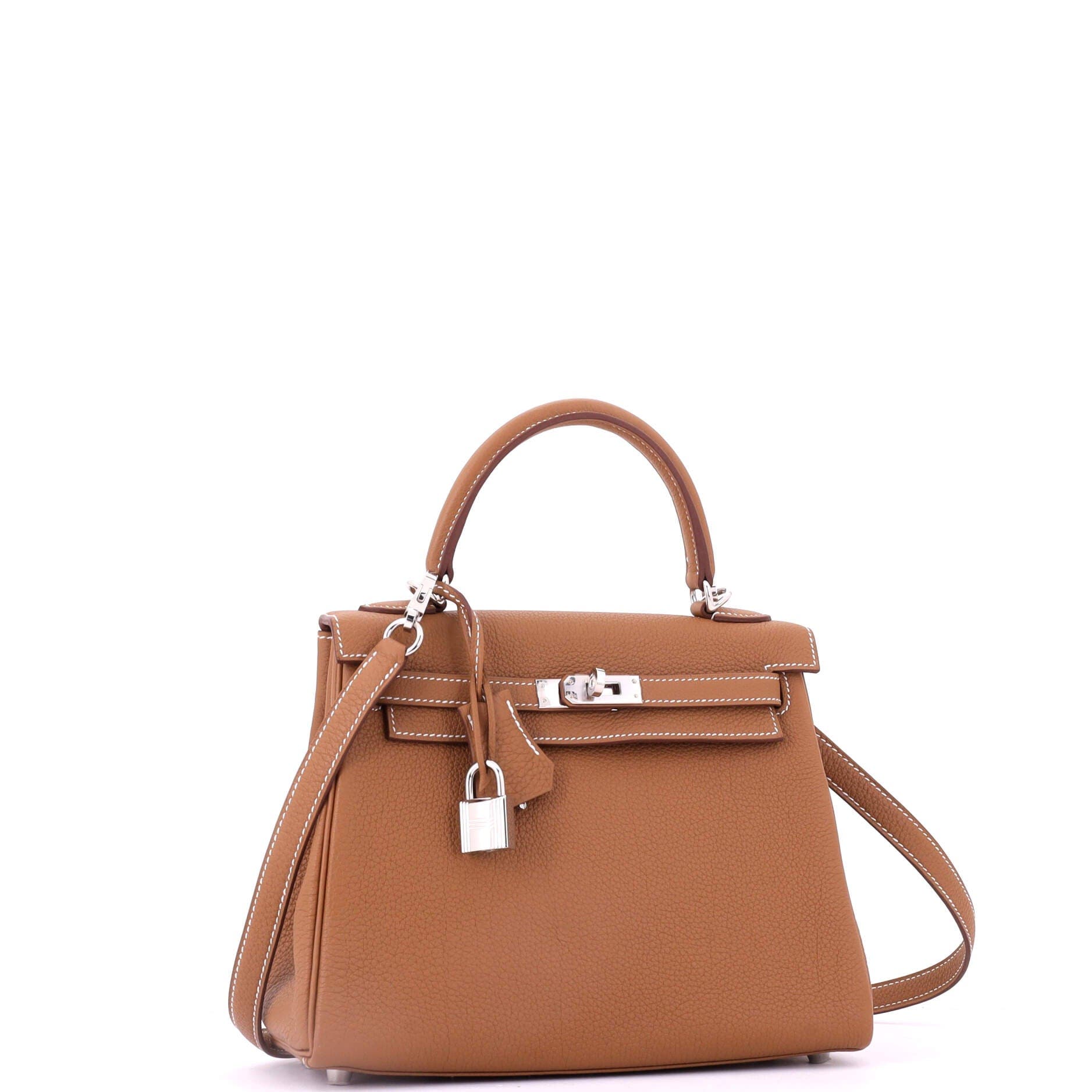 Pre-Owned Hermes Kelly Handbag Brown Togo with Palladium Hardware 25, Alternate, color, Gold
