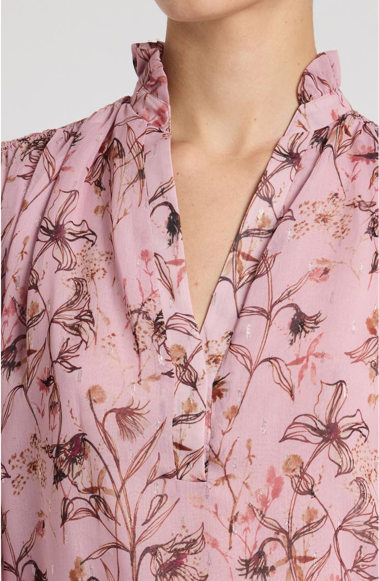 Santorelli Chelsea Long Sleeve Ruffle Neck Blouse in Printed Georgette, Alternate, color, Sweet Pink