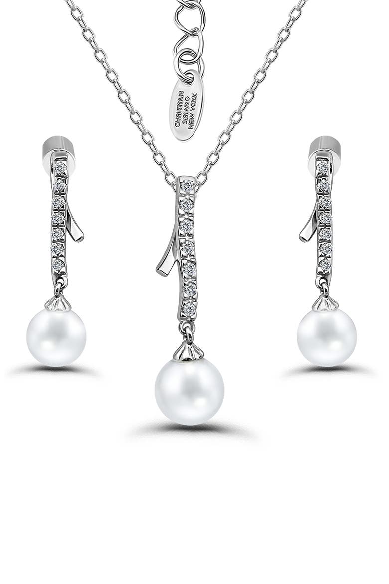 Cubic Zirconia & Faux Pearl Ribbon Earrings & Necklace Set, Main, color, SILVER