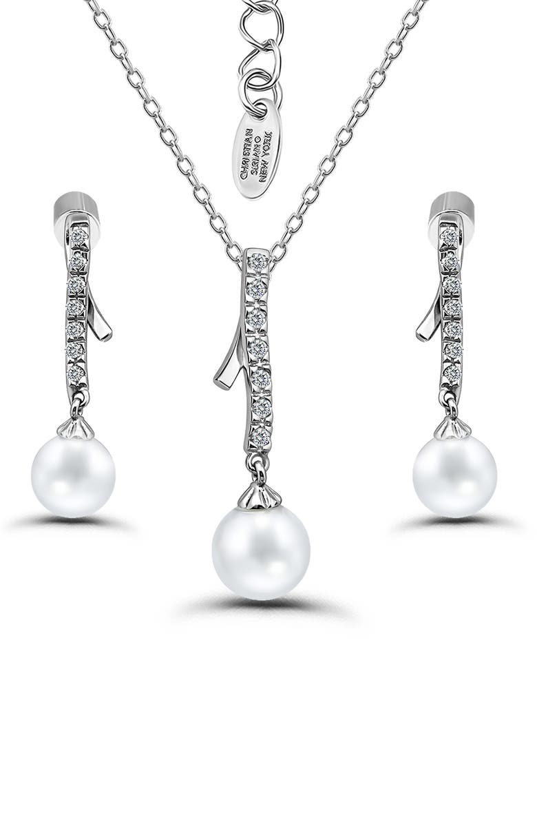 Christian Siriano New York Cubic Zirconia & Faux Pearl Ribbon Earrings & Necklace Set, Main, color, Silver