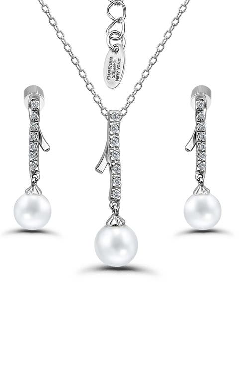 Cubic Zirconia & Faux Pearl Ribbon Earrings & Necklace Set