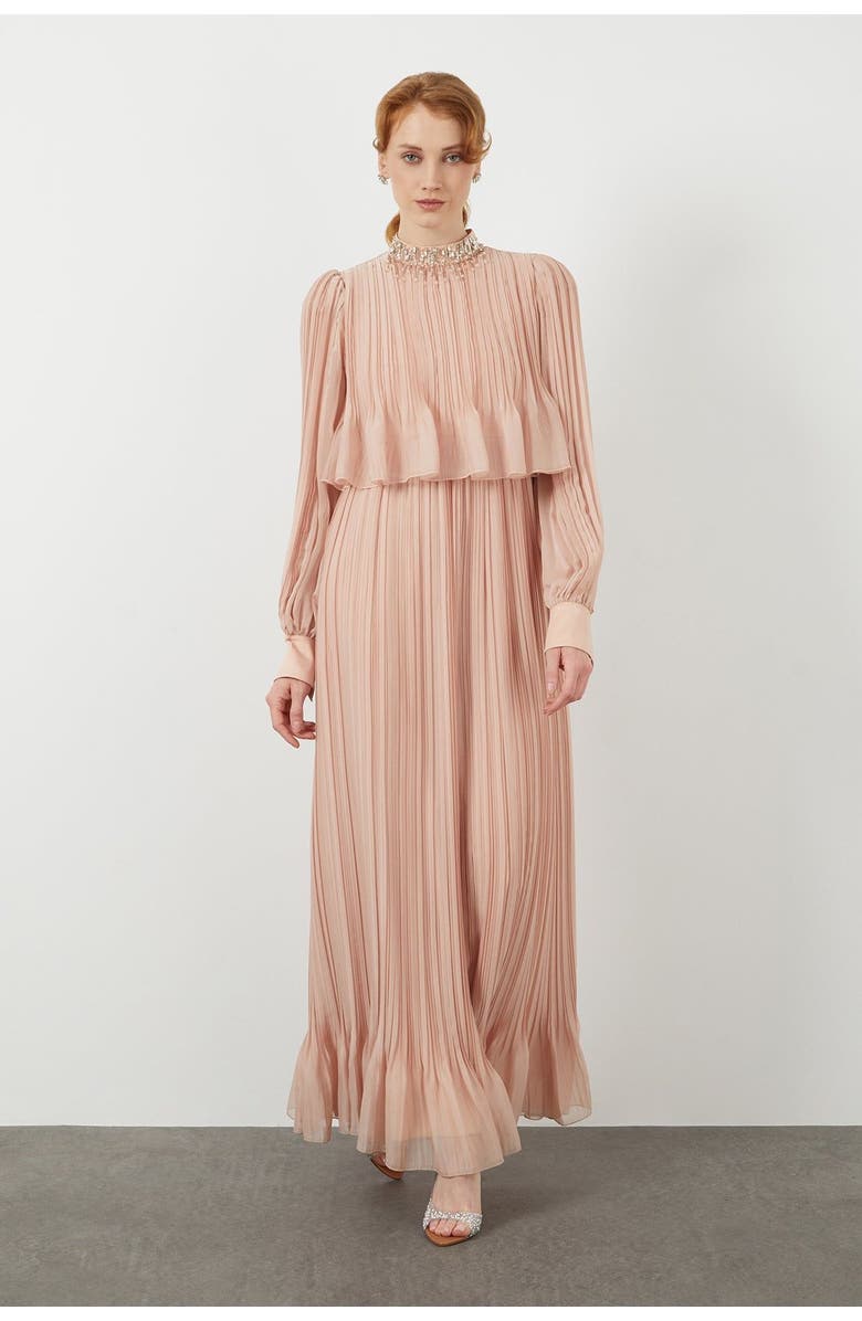 Gizia Embroidered Collar Pleated Maxi Purple Dress, Alternate, color, Pink