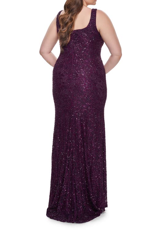 La Femme Beaded Lace Plus Size Fitted Dress With Square Neckline In Purple