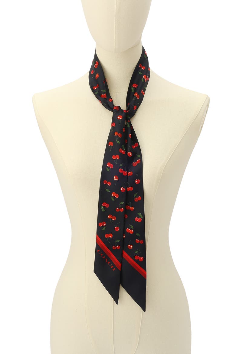 Cherry Print Silk Skinny Scarf, Alternate, color, NAVY MULTI