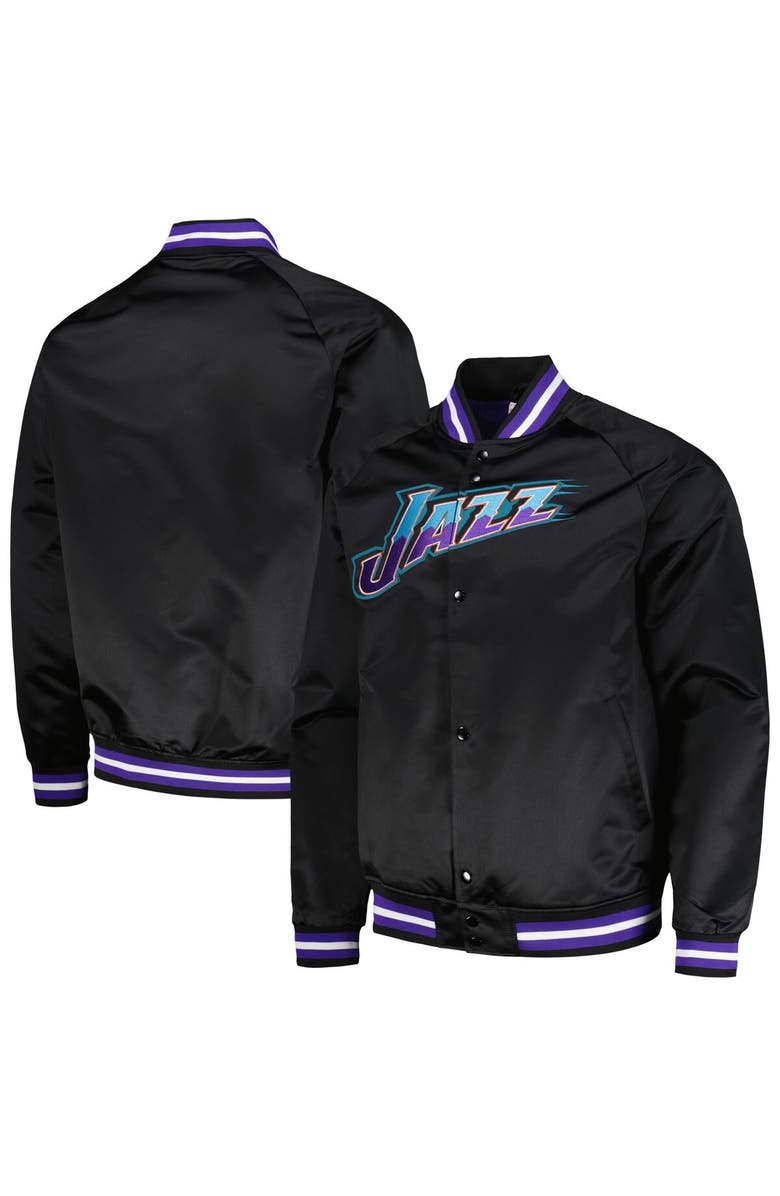 Mitchell & Ness Men's Mitchell & Ness Black Utah Jazz Hardwood Classics  Throwback Wordmark Raglan Full-Snap Jacket, Main, color, 