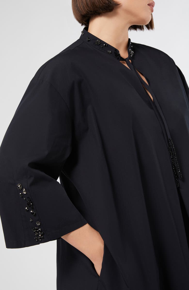 Marina Rinaldi Sulmona Bead Detail Tie Neck Cotton Poplin Dress, Alternate, color, Black