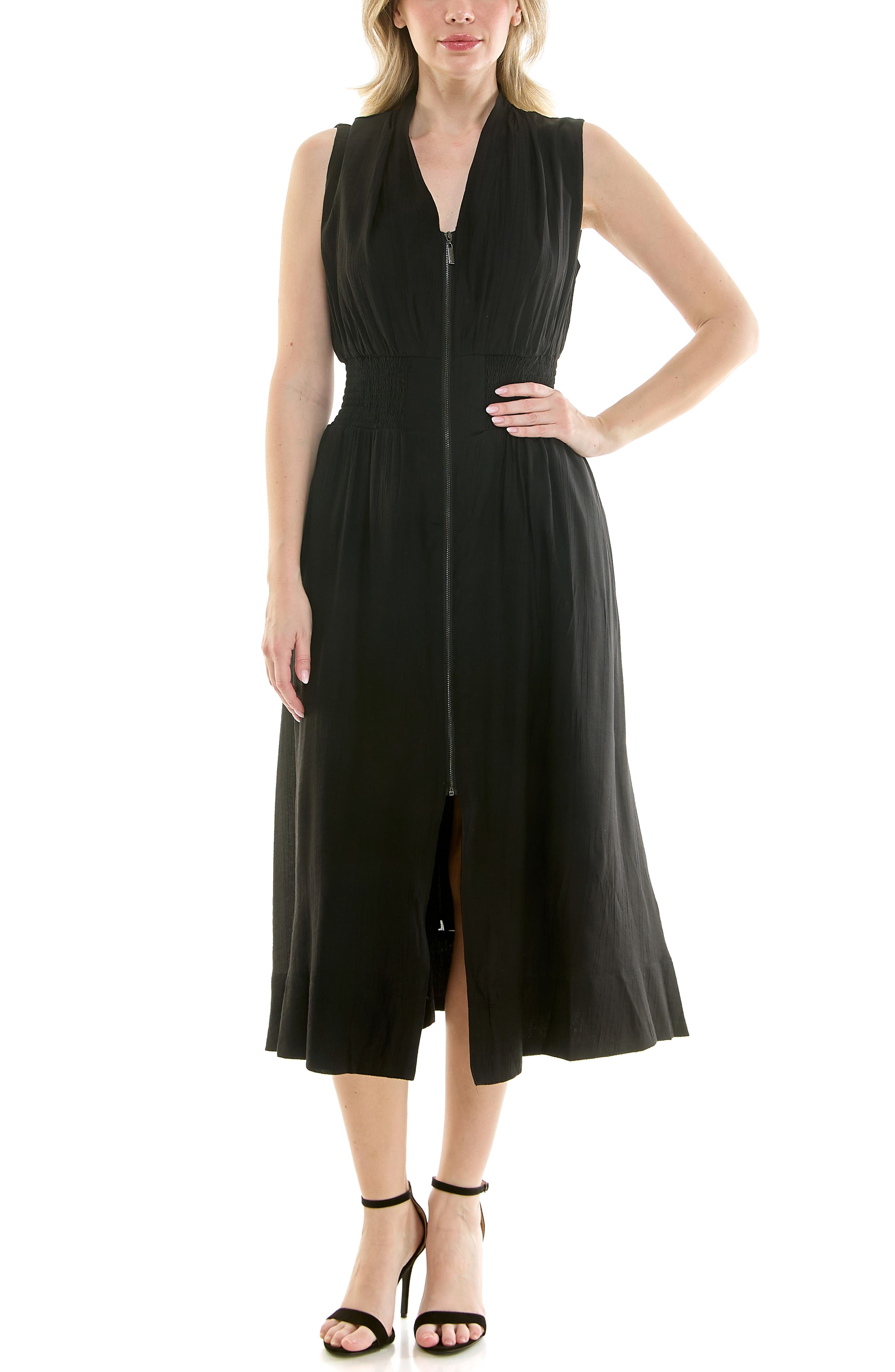 smocked black midi dress Krysta Smocked Midi Dress