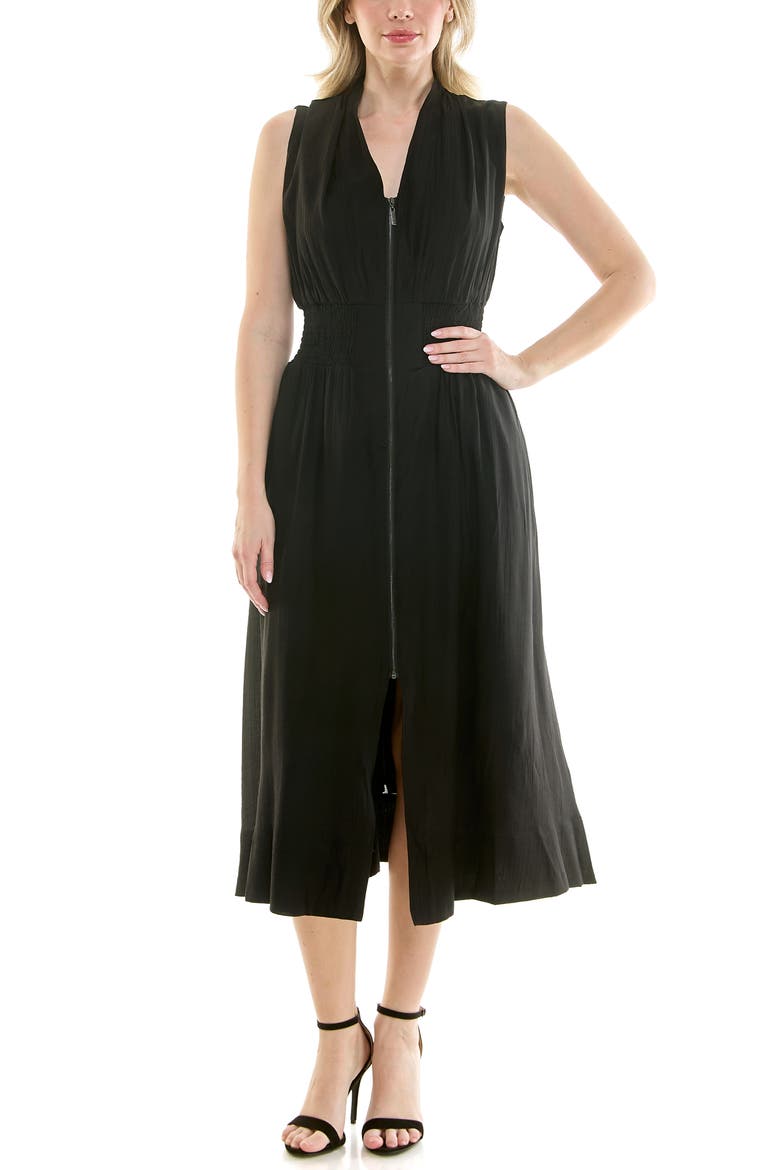 Smocked Waist Zip Front Midi Dress, Alternate, color, VERY BLACK
