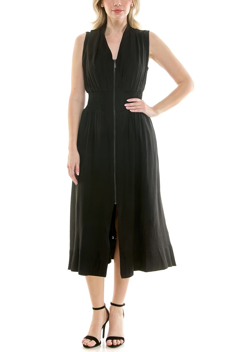 Nicole Miller Smocked Waist Zip Front Midi Dress, Alternate, color, Very Black