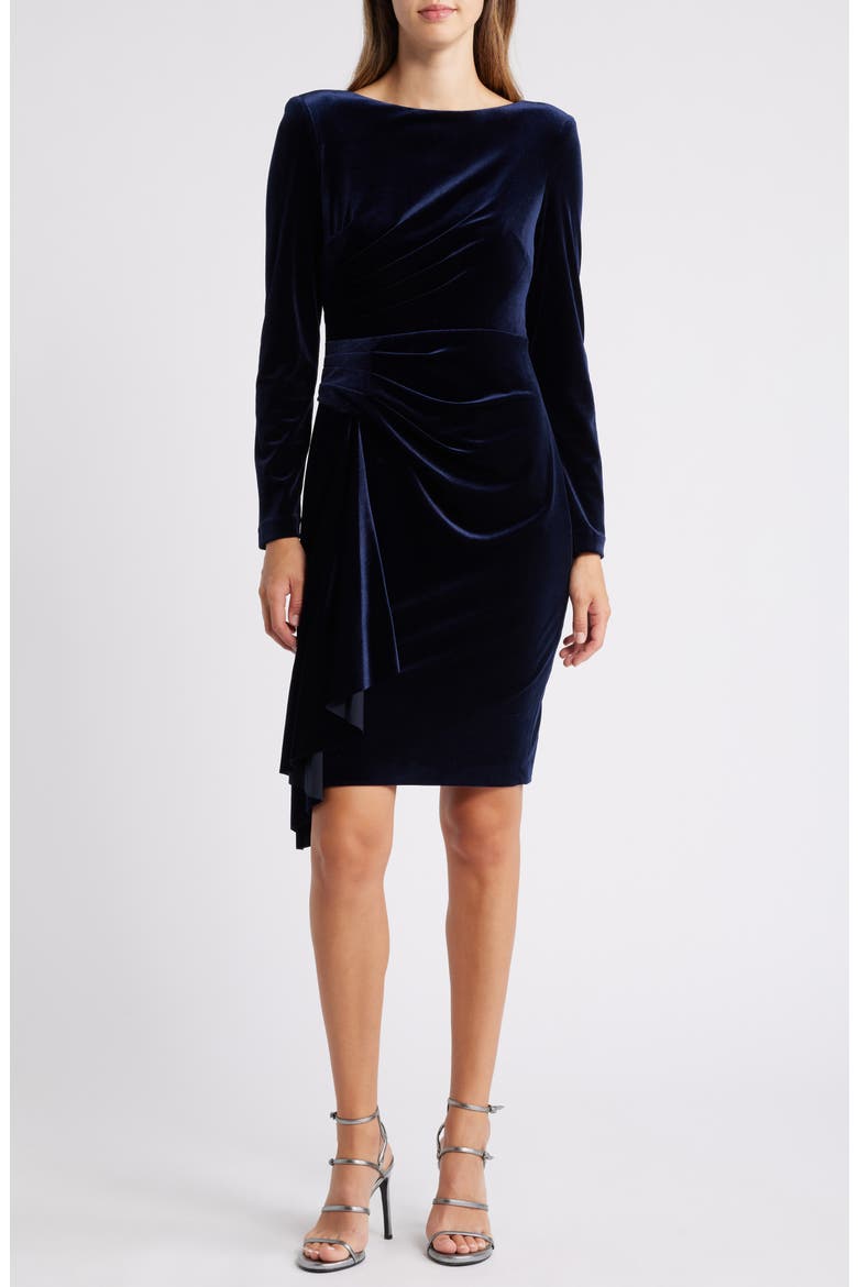 Ruffle Long Sleeve Velvet Cocktail Dress, Main, color, NAVY