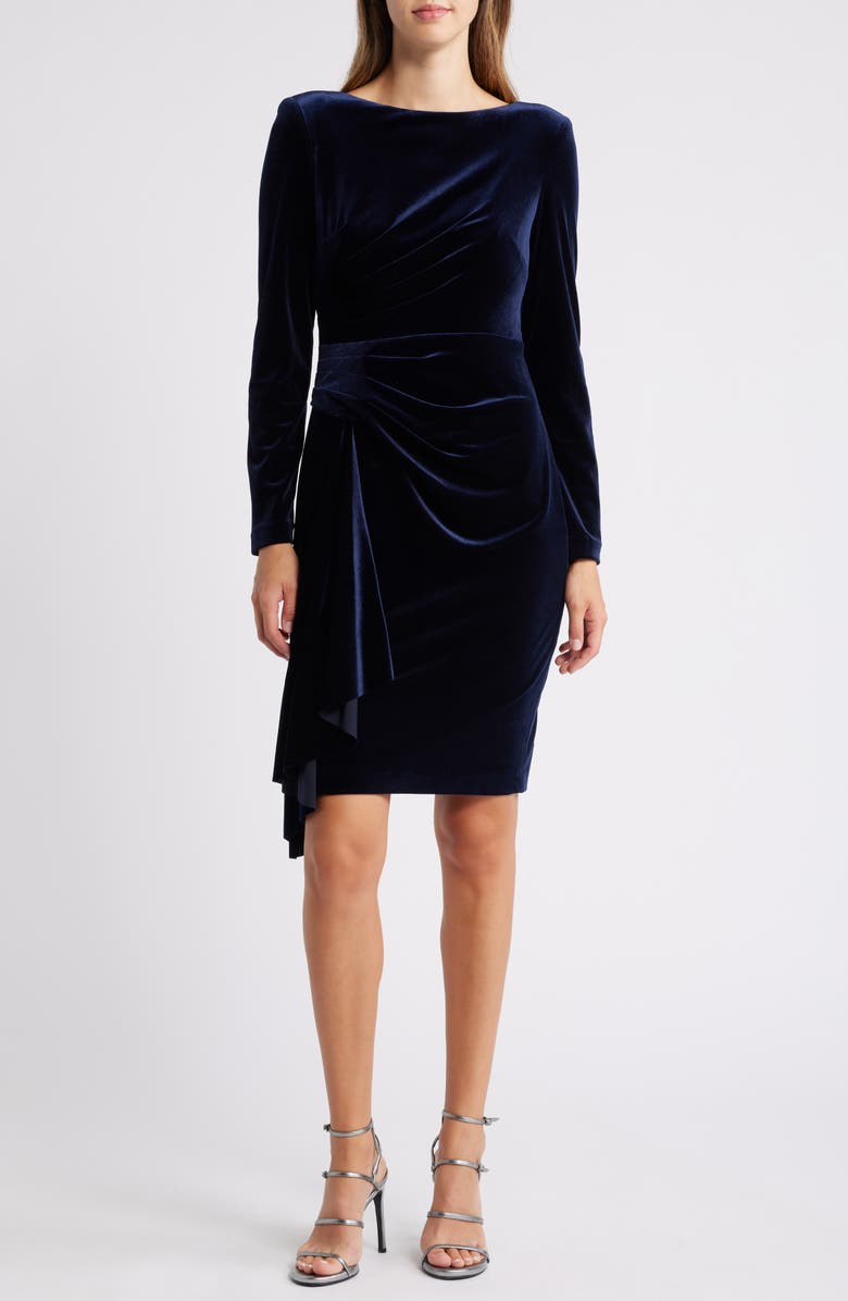 Eliza J Ruffle Long Sleeve Velvet Cocktail Dress, Main, color,