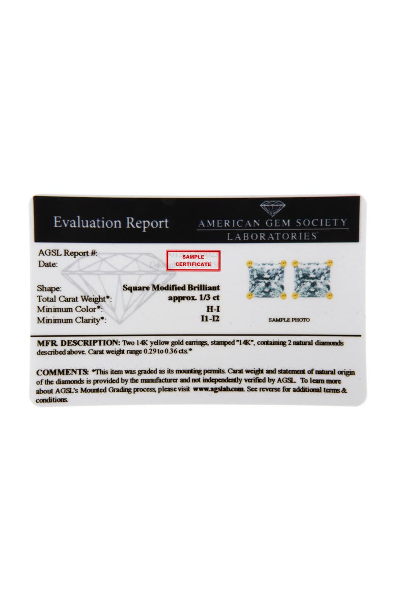 14K Yellow Gold Clarity Enhanced Princess Diamond Certified Stud Earrings, Alternate, color, Yellow