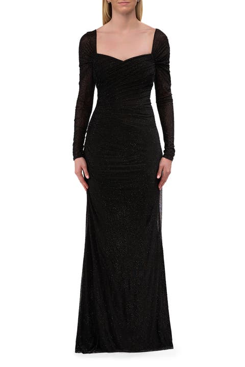 Long Sleeve Rhinestone Jersey Gown with Sweetheart Neckline