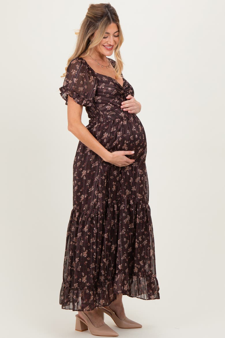 Floral Stripe Twist Front Cutout Maxi Dress, Alternate, color, Brown