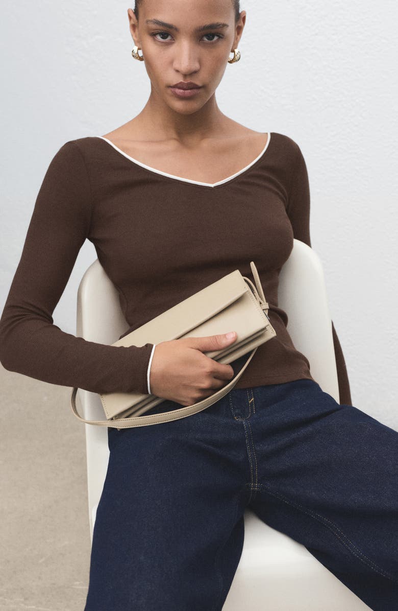 MANGO Contrast Rib Top, Alternate, color, Brown