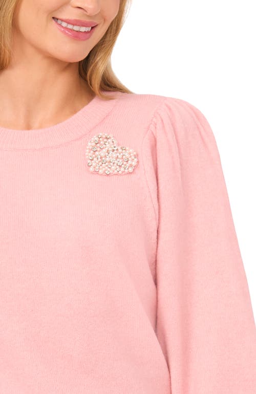 Cece Faux Pearl Heart Embellished Crewneck Sweater In Pink