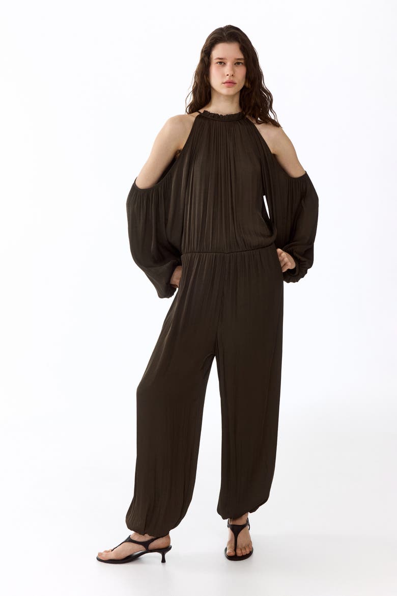 Open-shoulder Satin Jumpsuit, Alternate, color, Dark khaki green