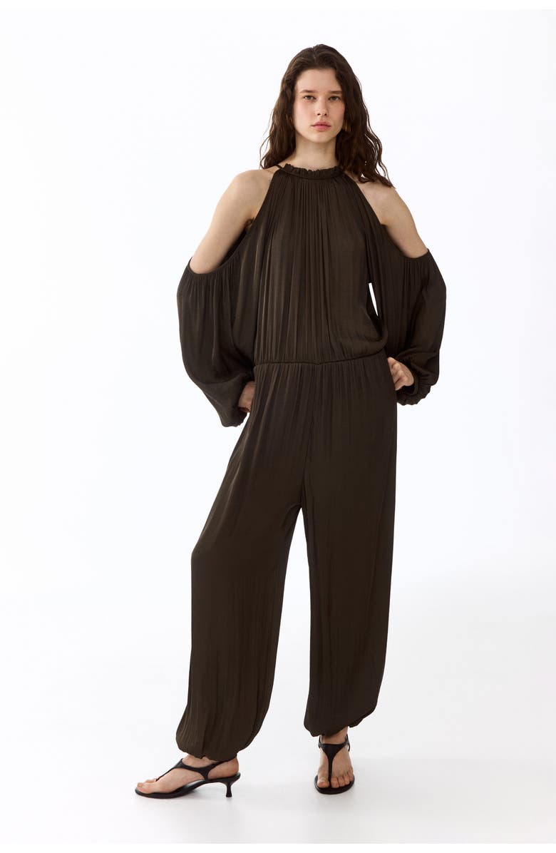 H&M Cold-shoulder Satin Jumpsuit, Alternate, color, Dark Khaki Green