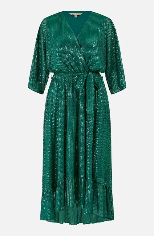 Yumi Sequin Kimono Midi Wrap Dress In Green