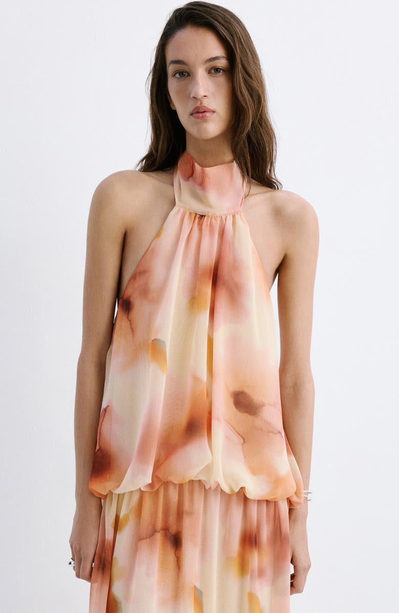 MANGO Abstract Print Halter Maxi Dress, Alternate, color, Peach
