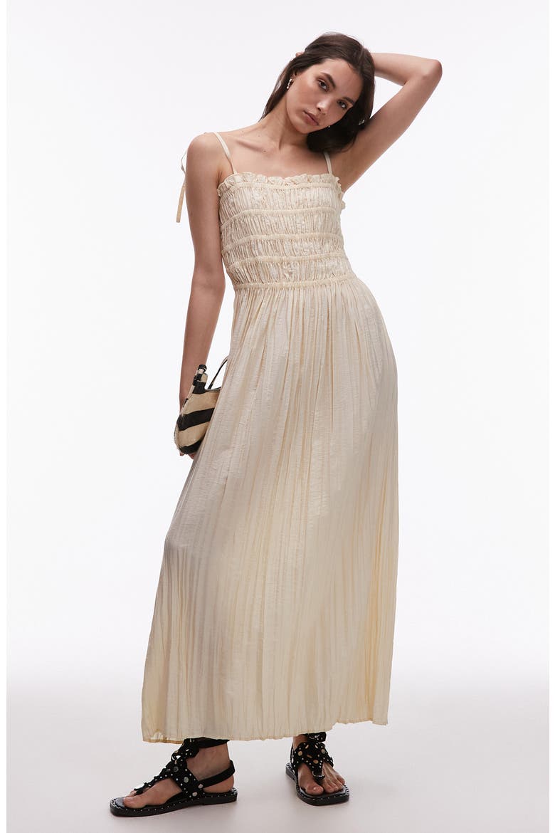 Shirred Bodice Midi Dress, Main, color, BEIGE