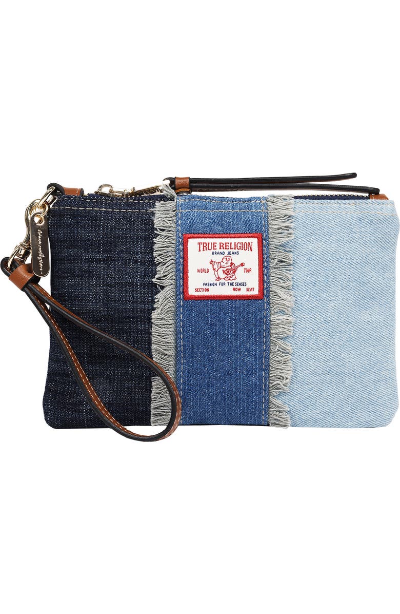 True Religion Frayed Panel Denim Pouch, Main, color, Denim/ Blue